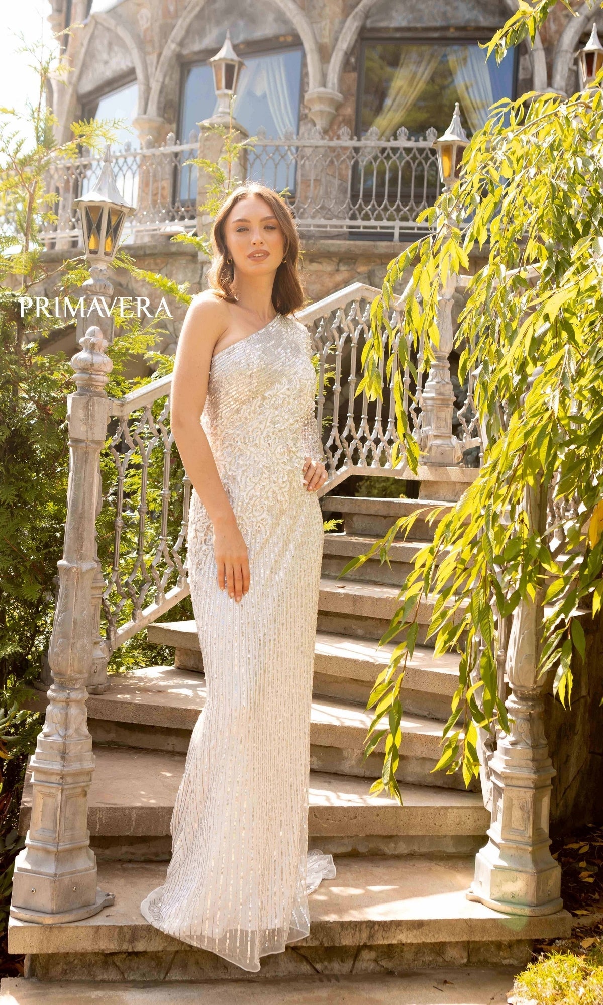 long sequin white dress Long Sequin Formal Dress with One Long Sleeve Ivory / 14