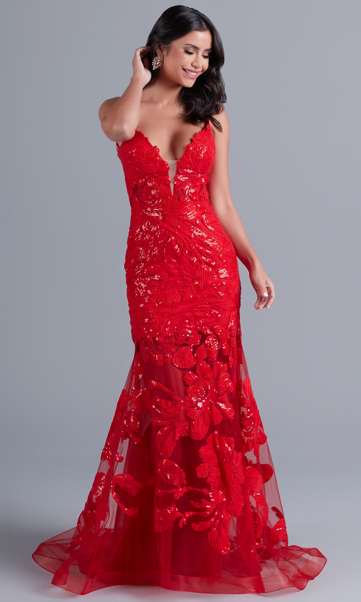 Red Long Red Lace Mermaid Prom Dress with Open Back