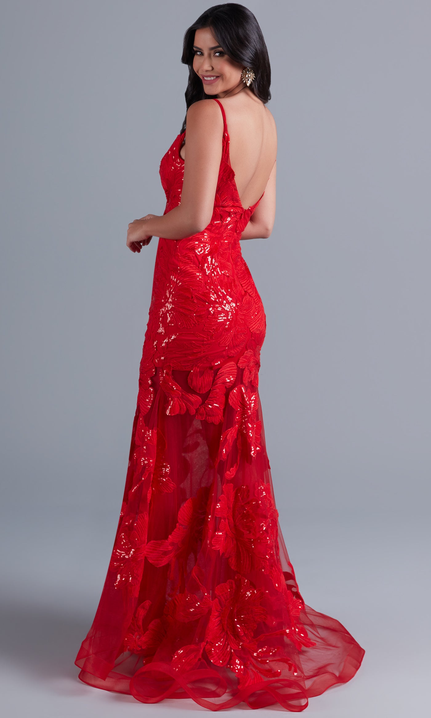  Long Red Lace Mermaid Prom Dress with Open Back