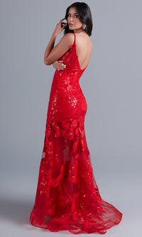  Long Red Lace Mermaid Prom Dress with Open Back