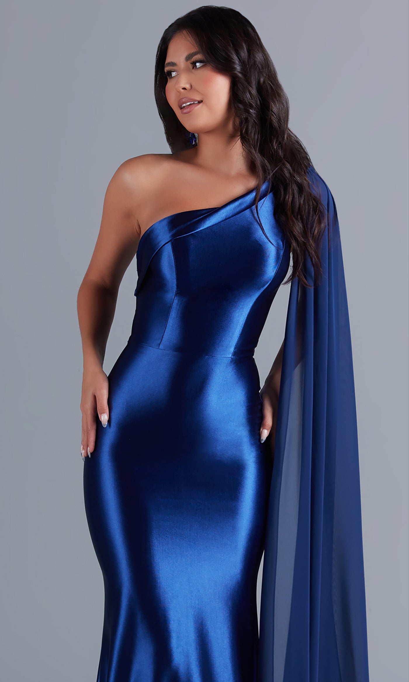  One-Shoulder Long Formal Prom Dress with Cape