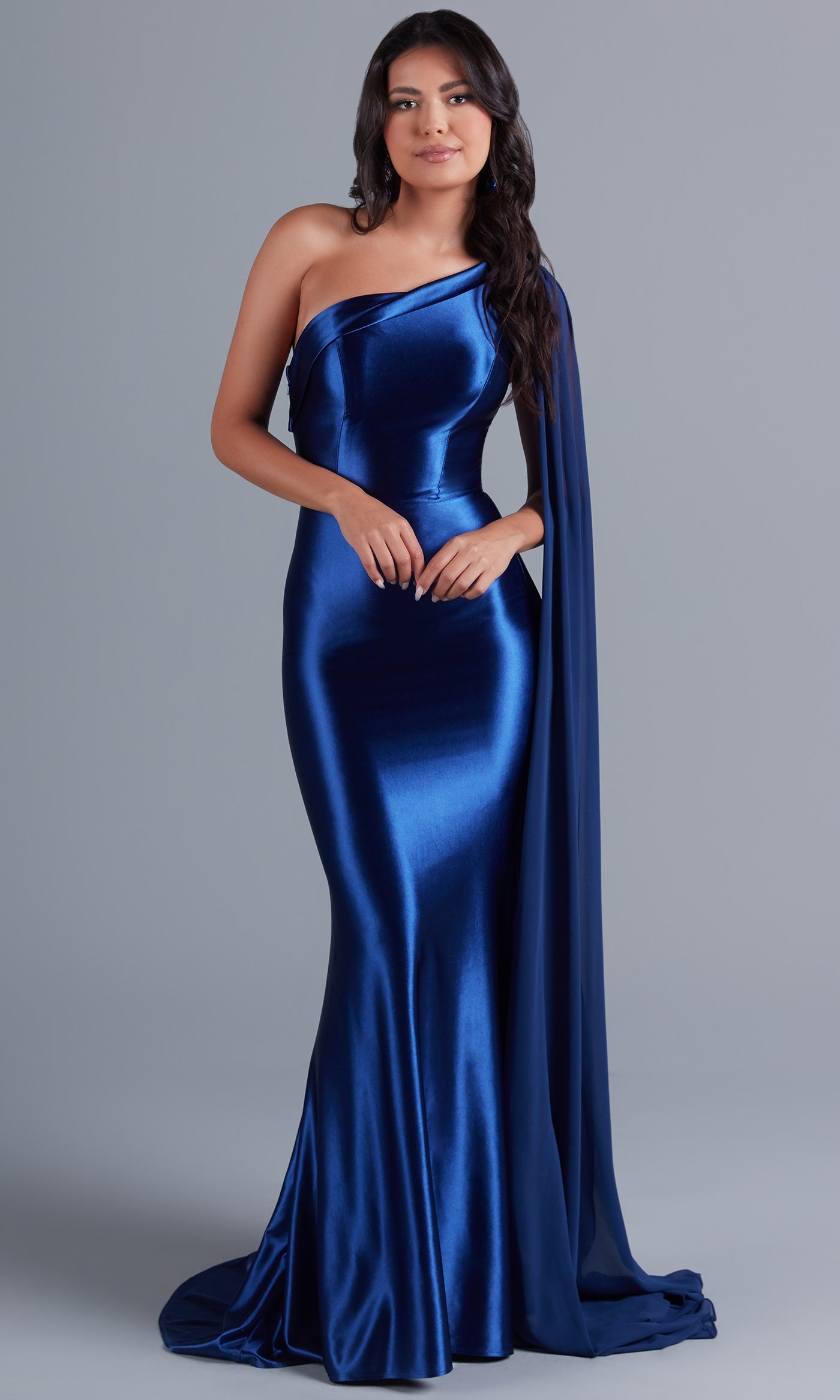  One-Shoulder Long Formal Prom Dress with Cape