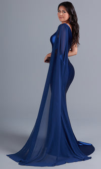  One-Shoulder Long Formal Prom Dress with Cape