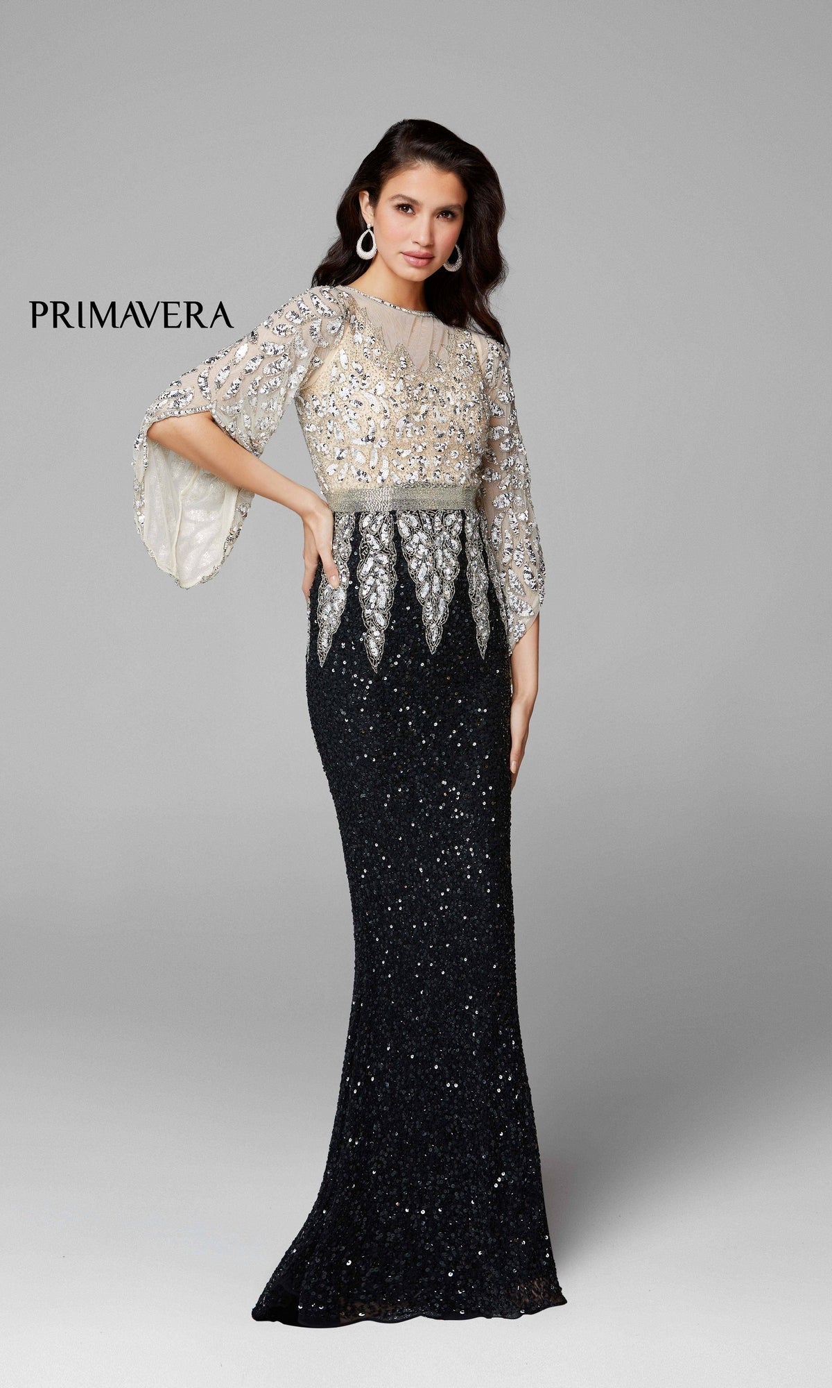 Black/Nude Primavera Long-Bell-Sleeve Long Beaded Gown 1424