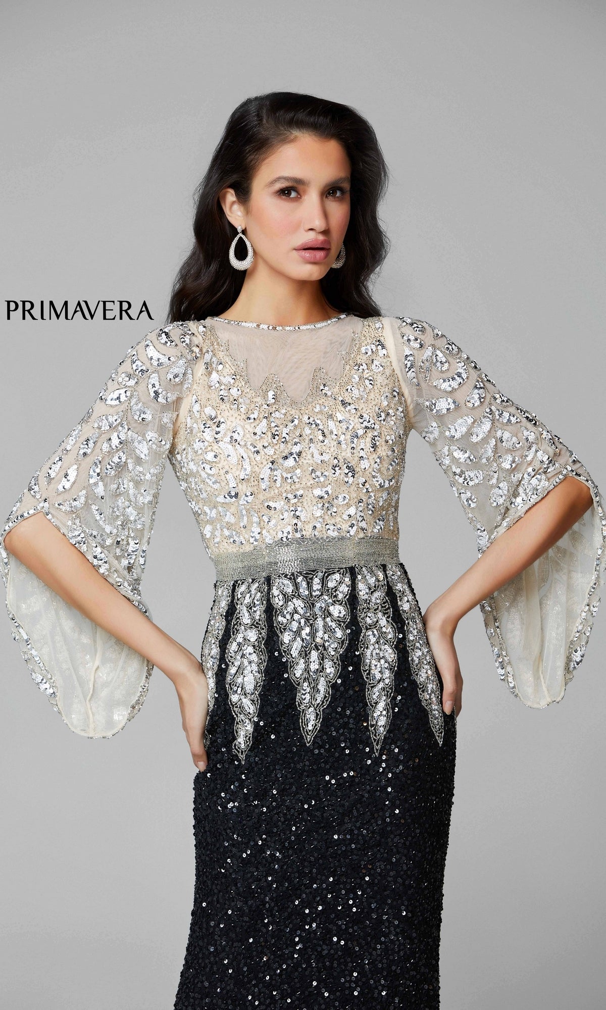  Primavera Long-Bell-Sleeve Long Beaded Gown 1424