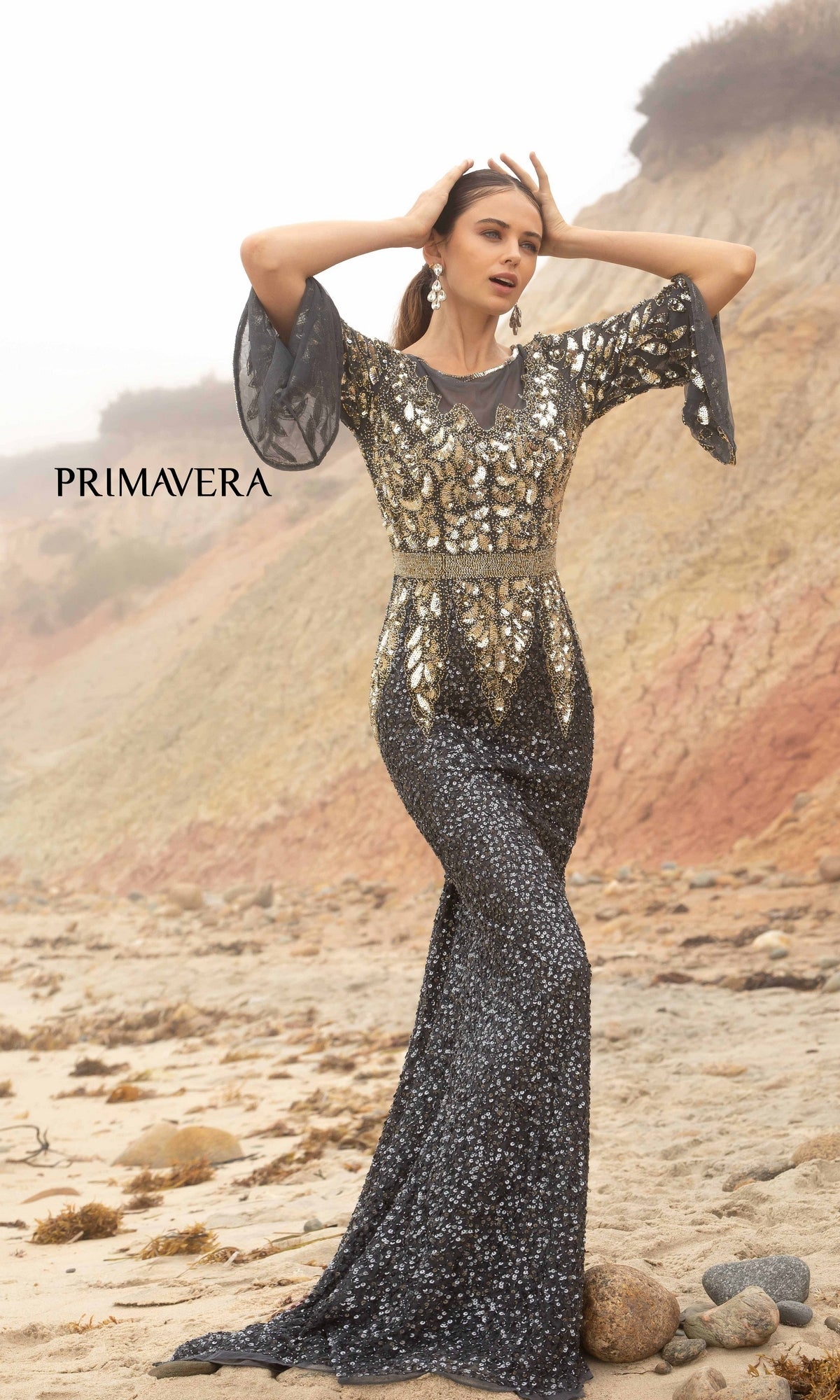 Primavera Long-Bell-Sleeve Long Beaded Gown 1424 Charcoal / 4 Primavera Long-Bell-Sleeve Long Beaded Gown 1424 Charcoal / 4