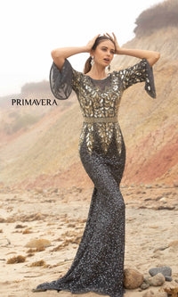  Primavera Long-Bell-Sleeve Long Beaded Gown 1424