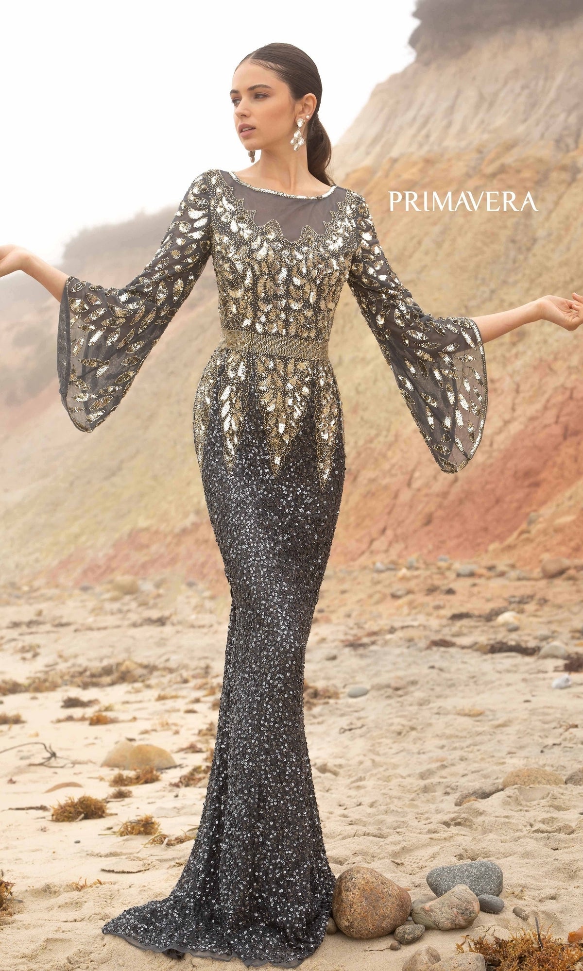 Primavera Long-Bell-Sleeve Long Beaded Gown 1424 Charcoal / 4 Primavera Long-Bell-Sleeve Long Beaded Gown 1424 Charcoal / 4