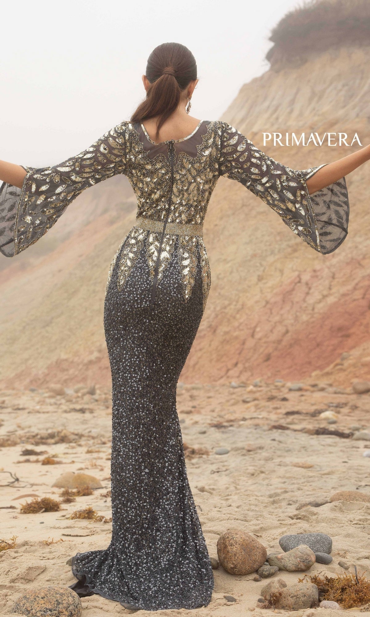  Primavera Long-Bell-Sleeve Long Beaded Gown 1424