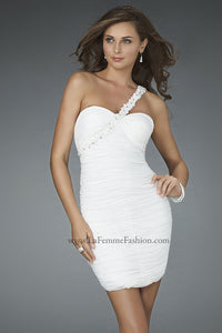 White Beaded One-Shoulder Short Ruched Cocktail Dress
