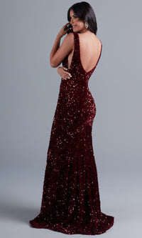  Deep V-Neck Dark Red Long Velvet-Sequin Prom Dress