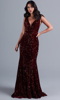 Deep Red Deep V-Neck Dark Red Long Velvet-Sequin Prom Dress