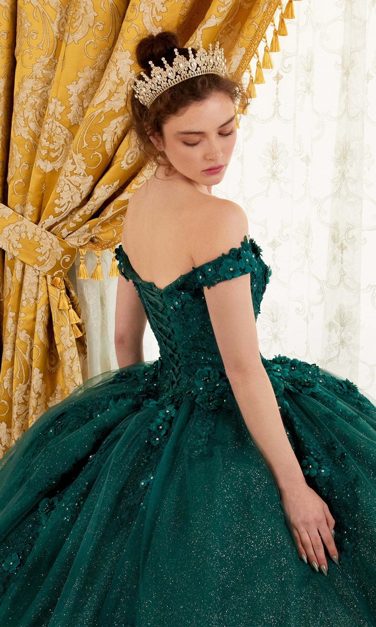 emerald green and gold quince dresses Green Nude Quince Dress 3D Flowers Pearls Sweet 16 Dresses Custom Size / Emerald Green main image 1