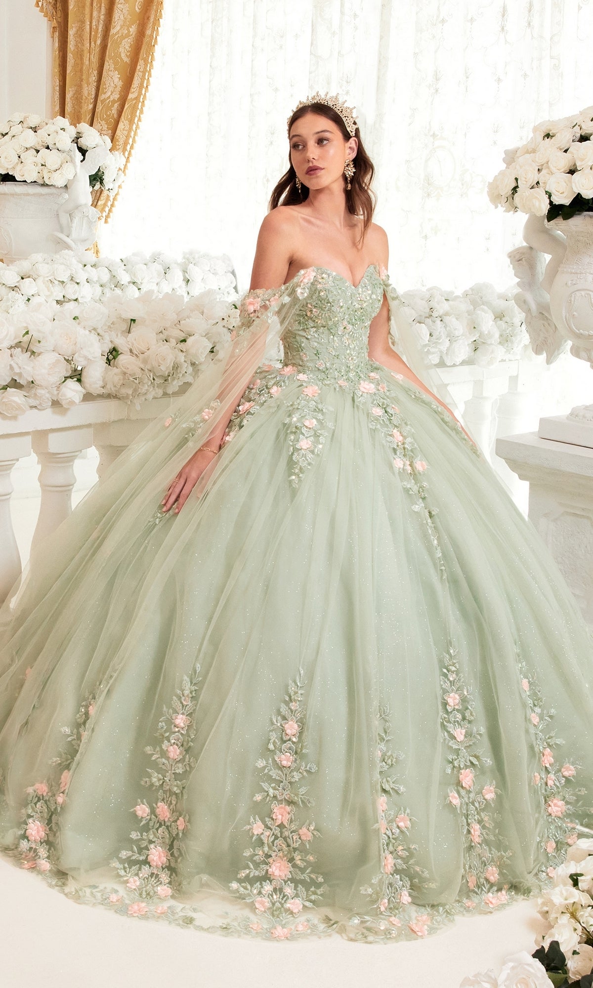 Cinderella Divine 15716 Ladivine Sage & Floral Blush Ball Gown Quinceanera Dress, M / Sage Cinderella Divine 15716 Ladivine Sage & Floral Blush Ball Gown Quinceanera Dress, M / Sage