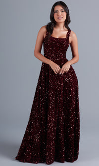  Burgundy Red Long Velvet Formal Dress with Sequins