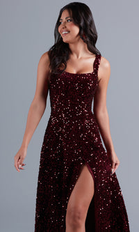  Burgundy Red Long Velvet Formal Dress with Sequins