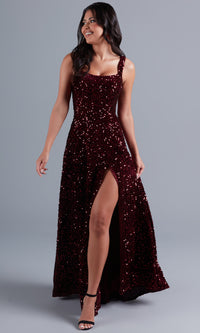 Burgundy Burgundy Red Long Velvet Formal Dress with Sequins