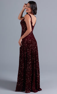  Burgundy Red Long Velvet Formal Dress with Sequins