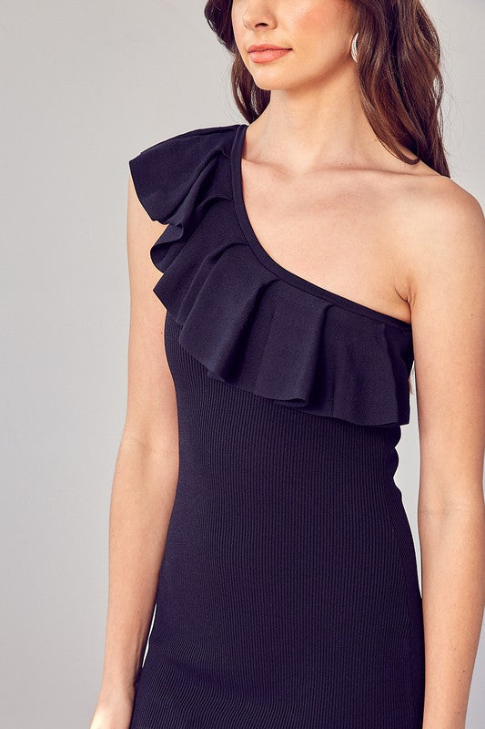  Ruffled One-Shoulder Short Black Party Dress
