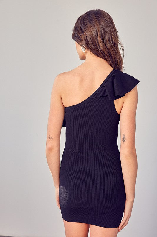  Ruffled One-Shoulder Short Black Party Dress