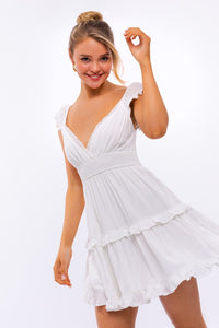 White Cap-Sleeve Short Ruffled Graduation Party Dress