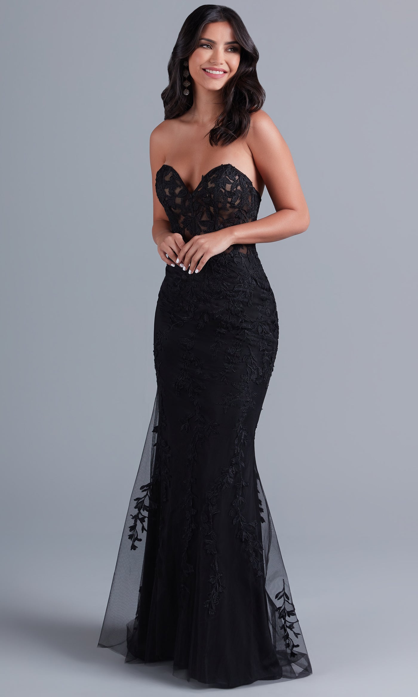 Black Sheer-Bodice Long Strapless Designer Prom Dress