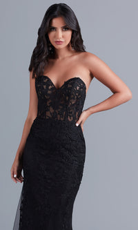  Sheer-Bodice Long Strapless Designer Prom Dress