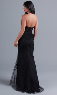  Sheer-Bodice Long Strapless Designer Prom Dress