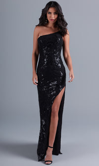  Sexy One-Shoulder Long Black Sequin Formal Dress