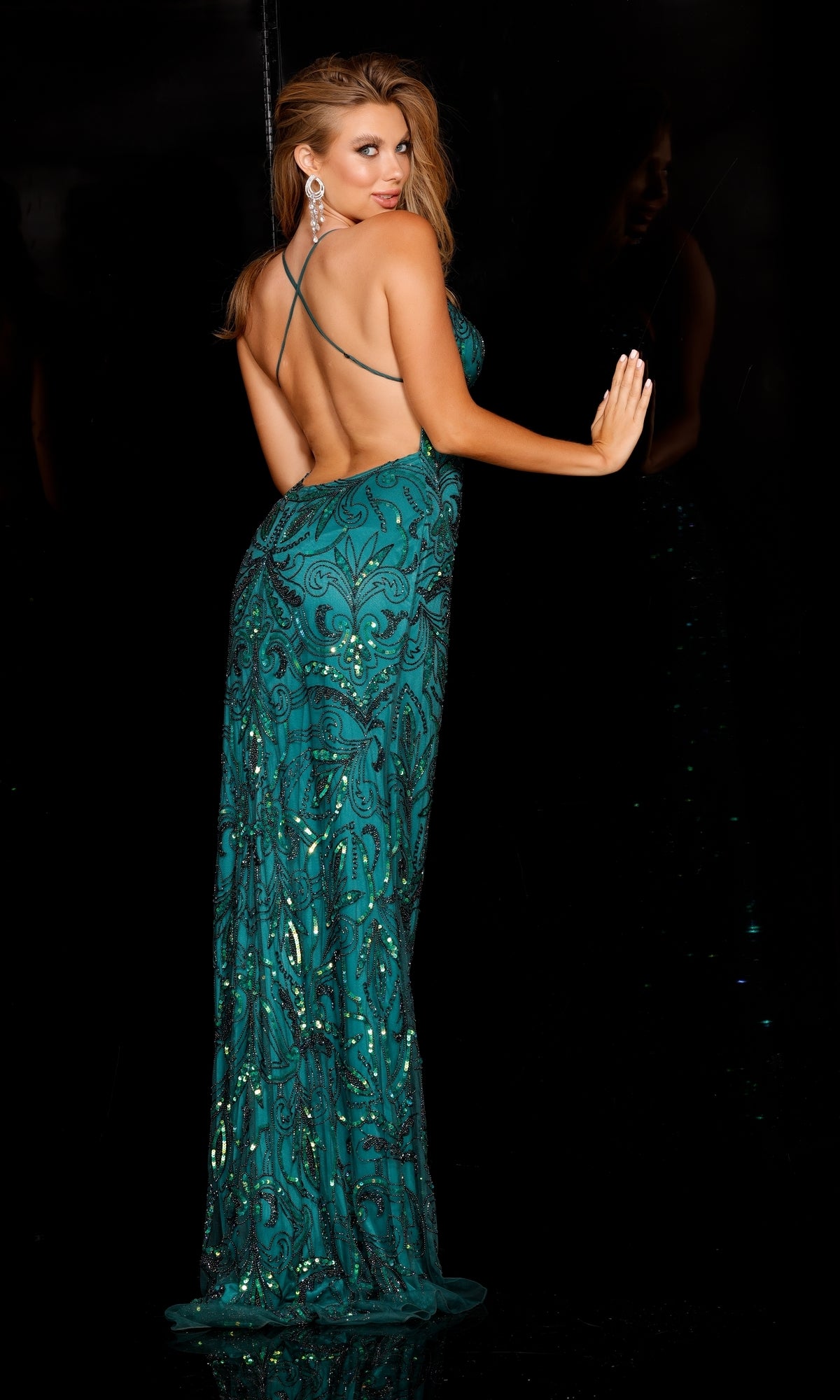  Aleta Empire-Waist Backless Sequin Long Prom Dress