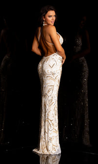  Aleta Empire-Waist Backless Sequin Long Prom Dress