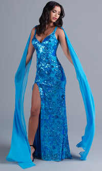 Turquoise Long Sequin Formal Dress with Shoulder Capes