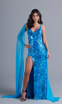  Long Sequin Formal Dress with Shoulder Capes