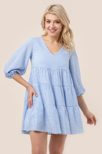 Blue Sleeved Tiered Gingham Short Casual Swing Dress