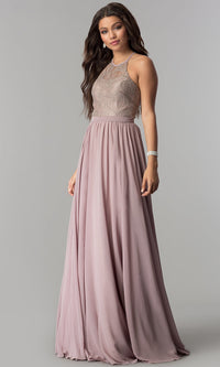 Mocha Lace-Bodice A-Line Long Chiffon Prom Dress