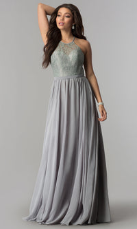 Silver Lace-Bodice A-Line Long Chiffon Prom Dress