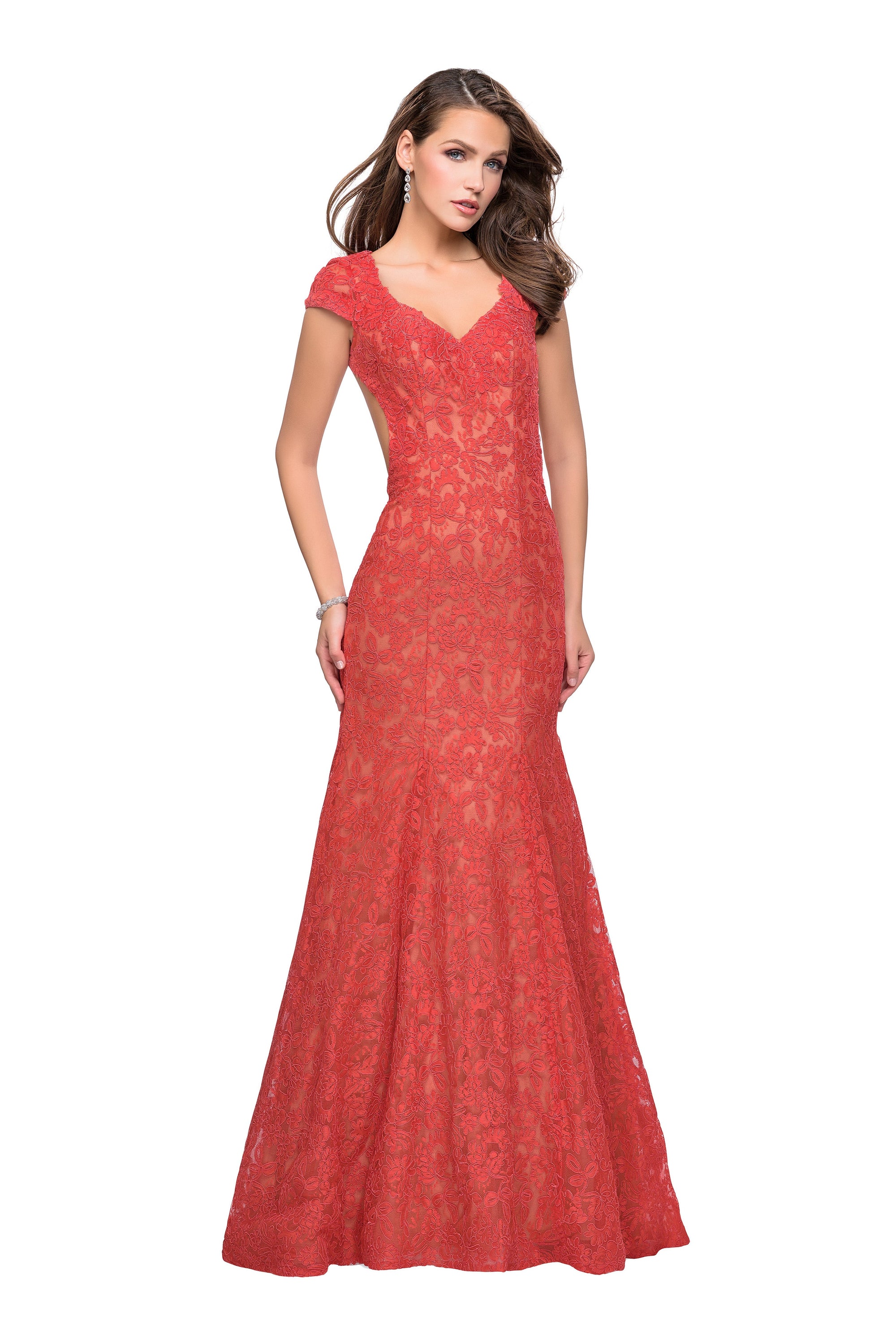 Hot Coral Open Back Floor Length Dress by La Femme