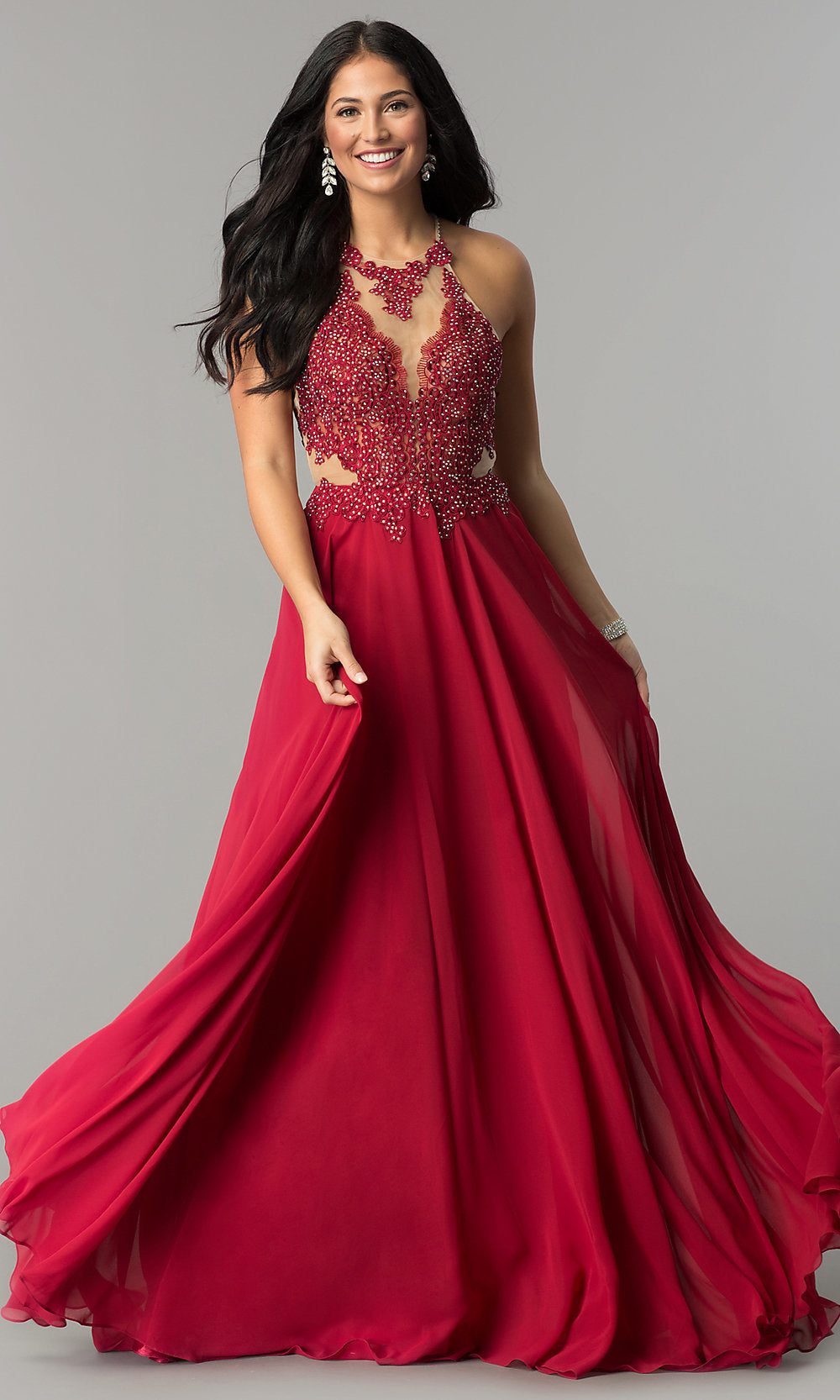 Long Chiffon Prom Dress with Beaded Illusion Bodice