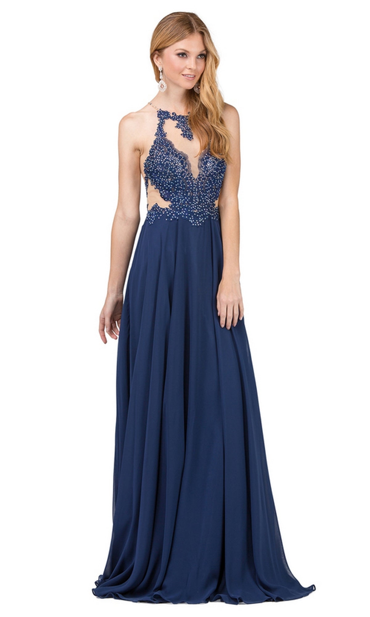 Navy Illusion-Bodice Long Chiffon Prom Dress 2015