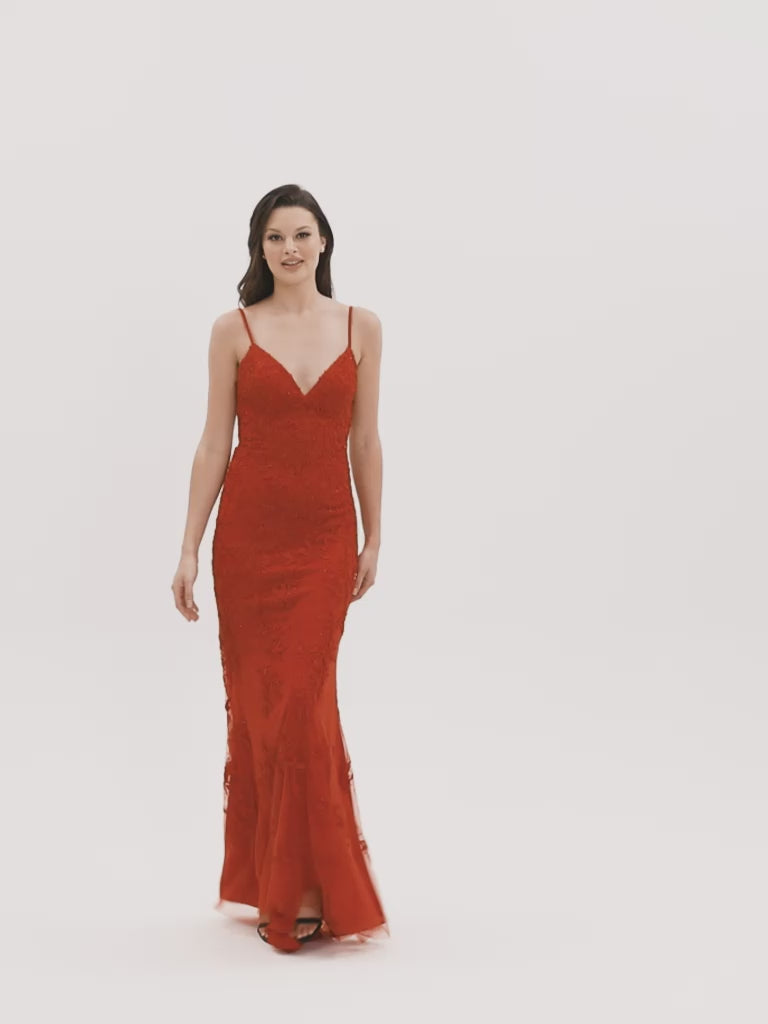 Faviana Backless Embroidered-Lace Long Prom Dress