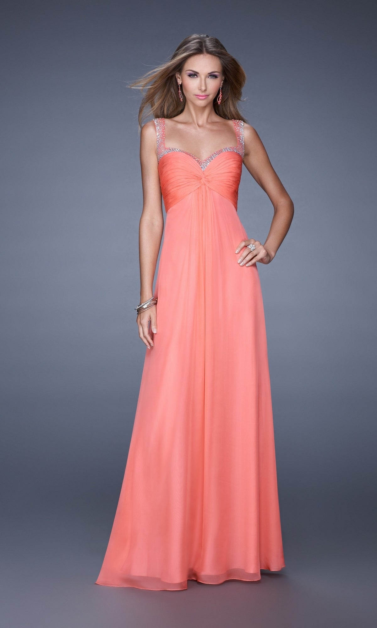 Hot Coral Long La Femme Gown 20678