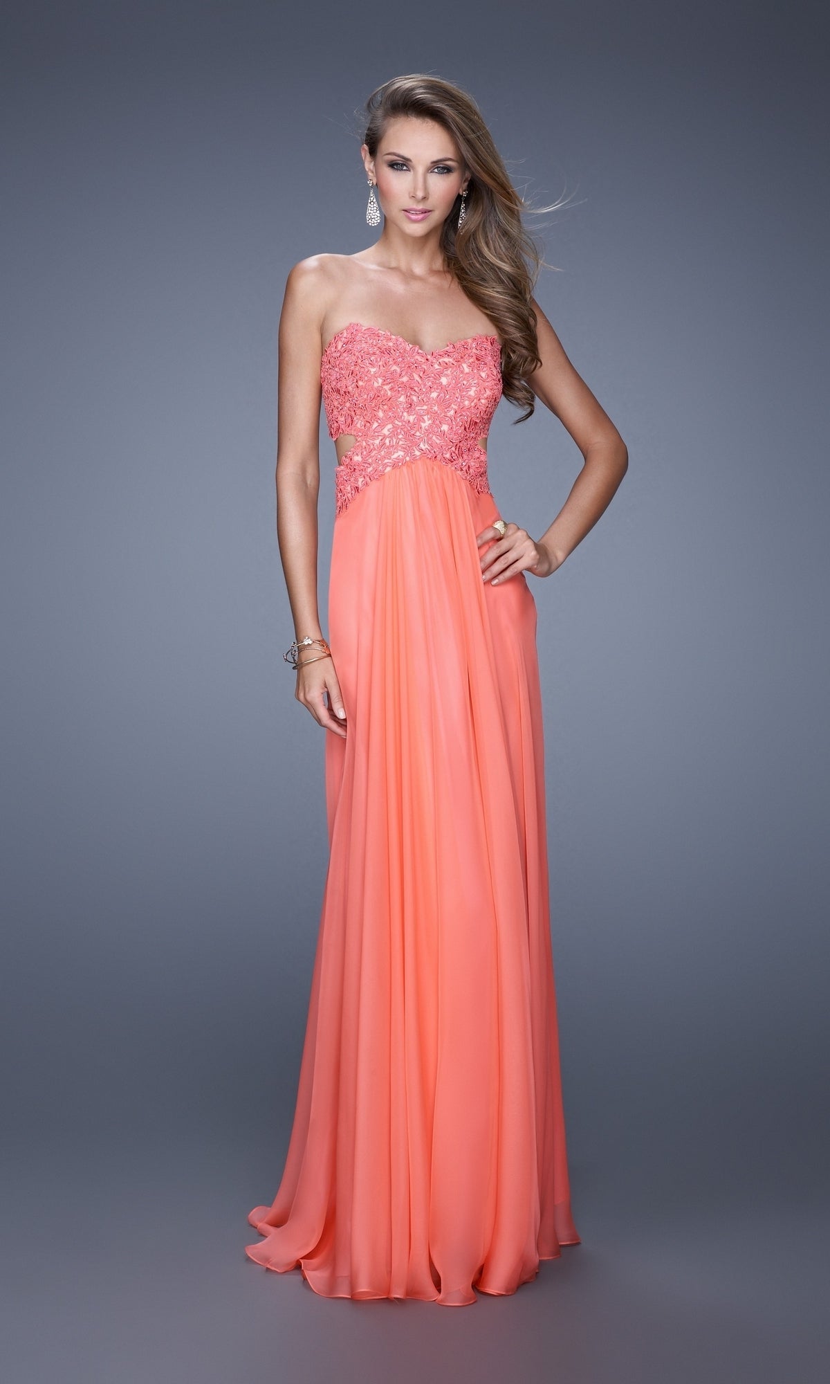 Hot Coral Long La Femme Gown 20734