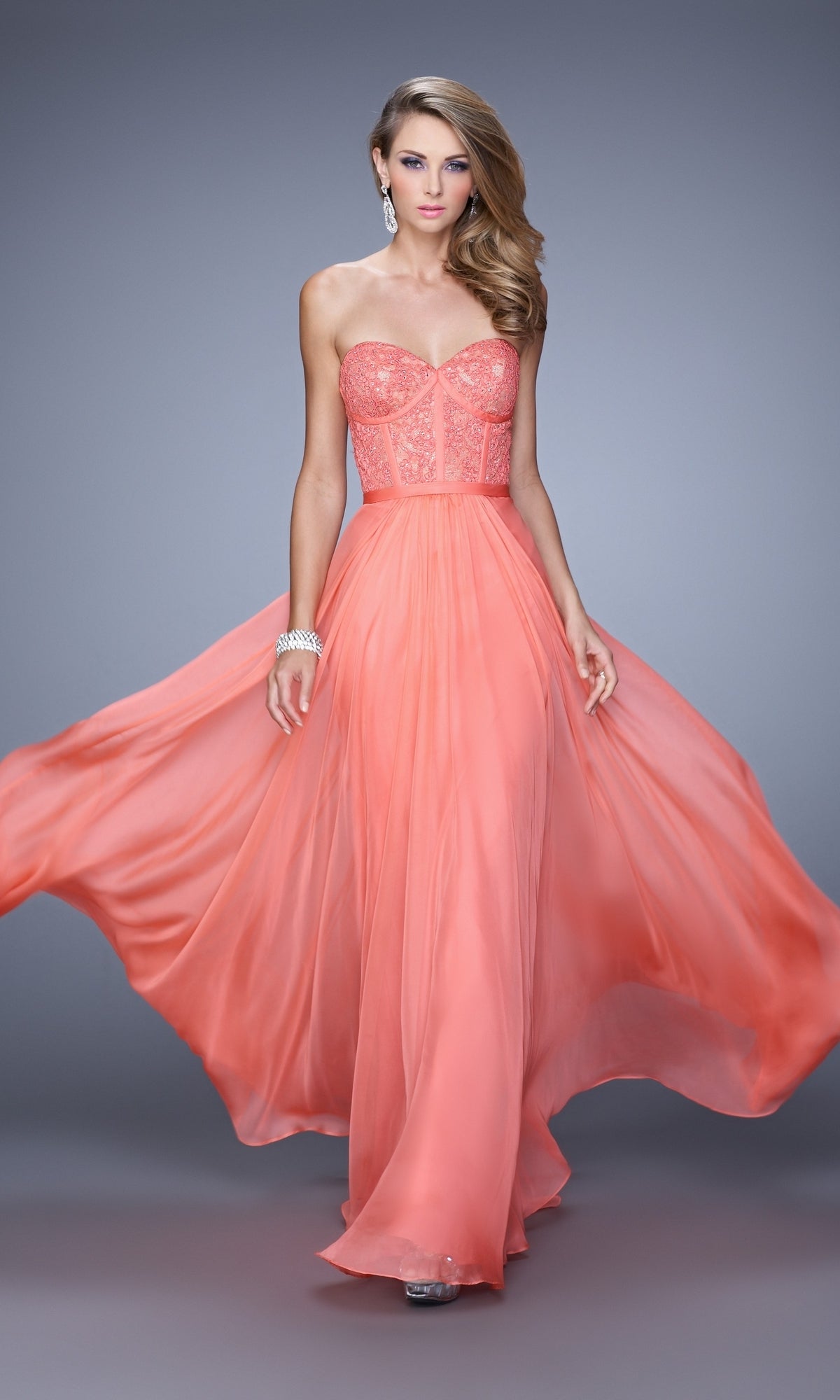 Hot Coral Long La Femme Gown 21079