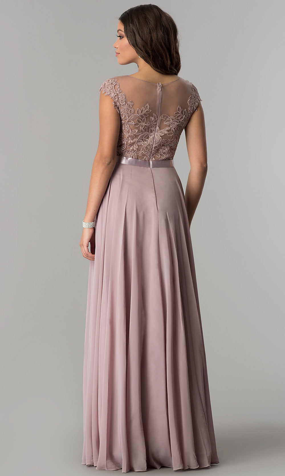 Lace-Bodice A-Line Long Chiffon Prom Dress - PromGirl Mocha / Small Lace-Bodice A-Line Long Chiffon Prom Dress - PromGirl Mocha / Small