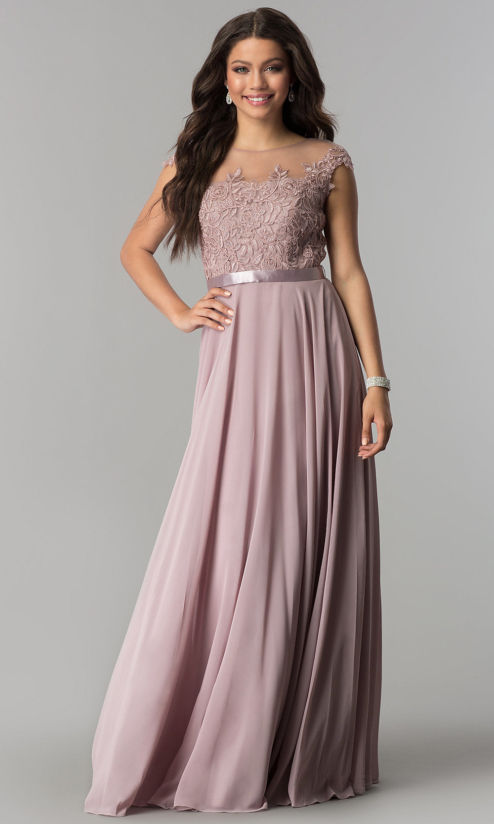 Lace-Bodice A-Line Long Chiffon Prom Dress - PromGirl Mocha / Small Lace-Bodice A-Line Long Chiffon Prom Dress - PromGirl Mocha / Small