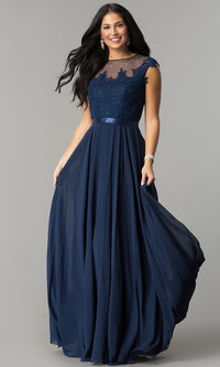 Navy Lace-Bodice Long A-Line Chiffon Prom Gown 2121