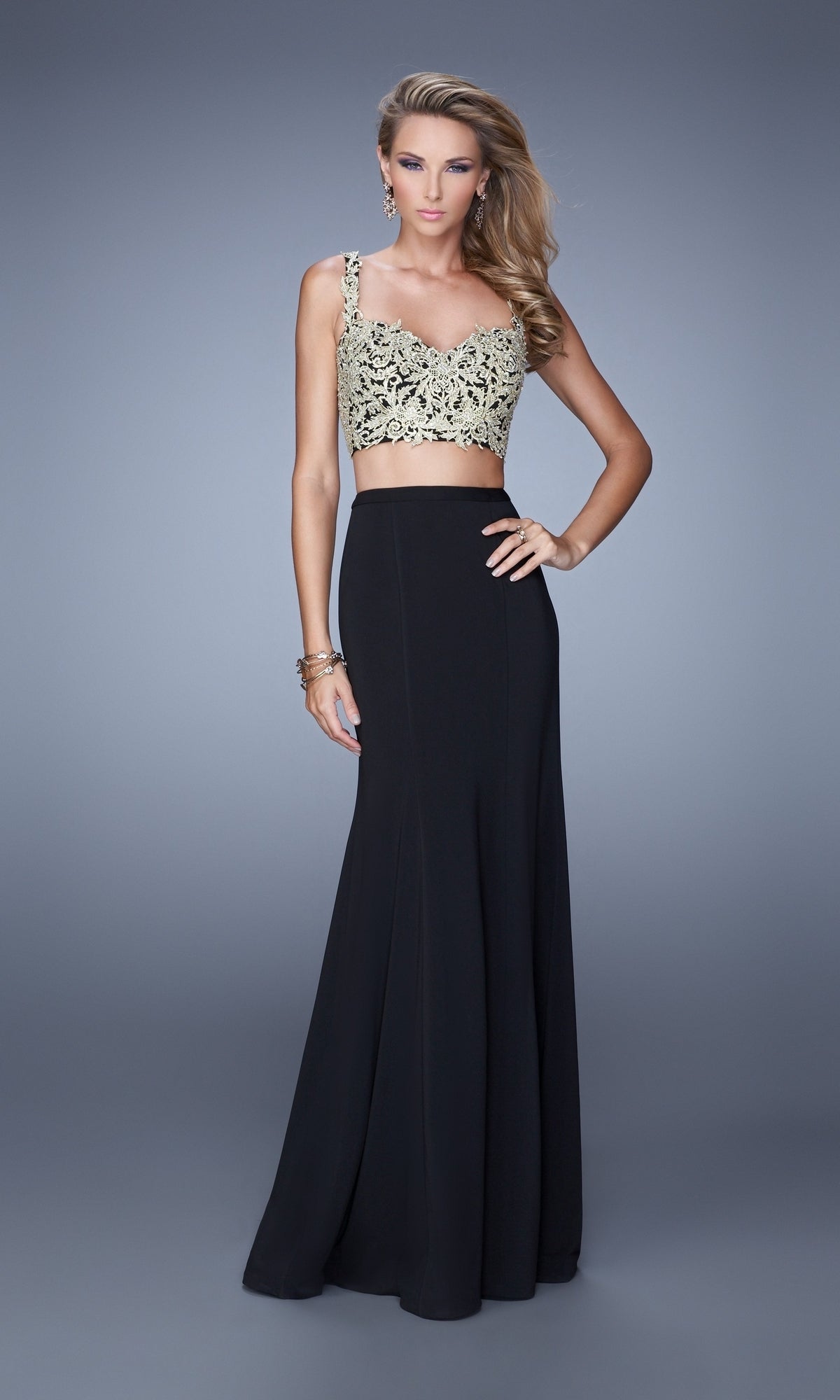 Black/Gold Long Formal La Femme Dress 21250