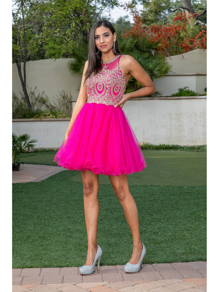 Fuchsia High-Neck Babydoll Fancy Short Homecoming Dress