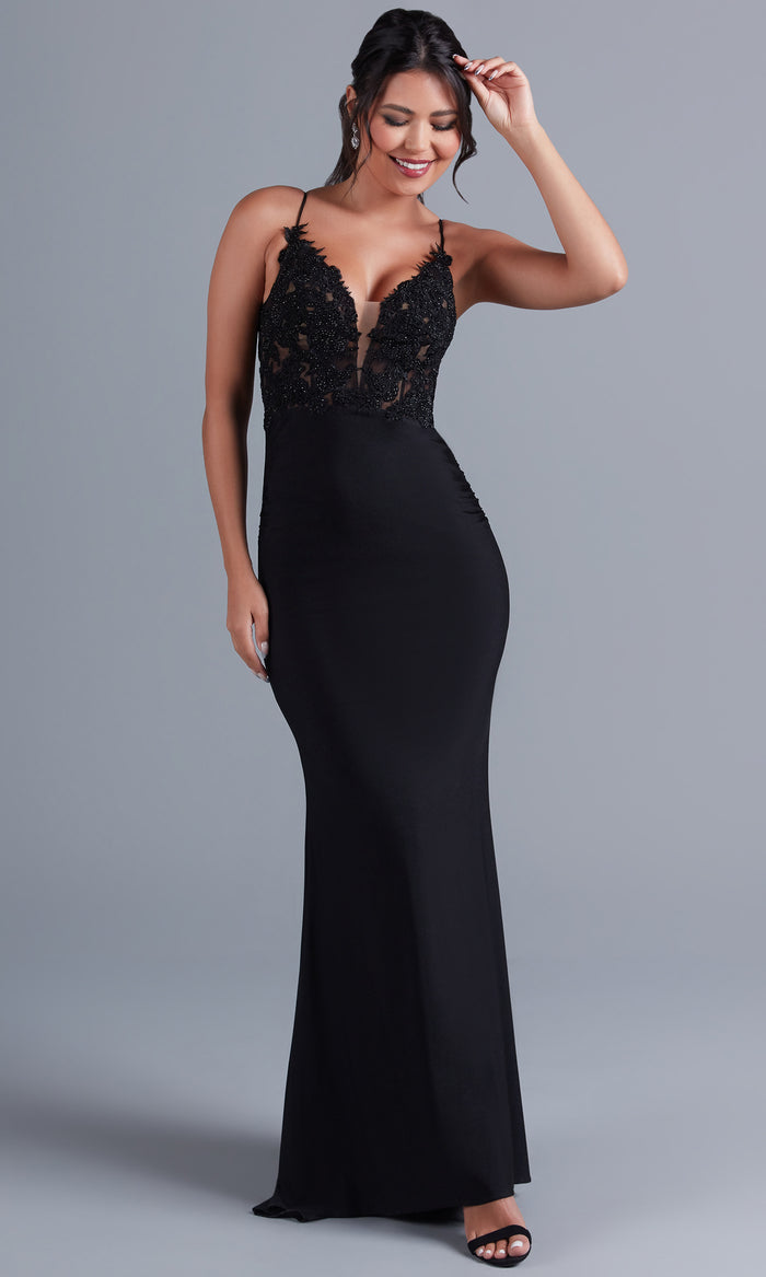 Black Slinky Long Formal Dress with Sheer Lace Bodice