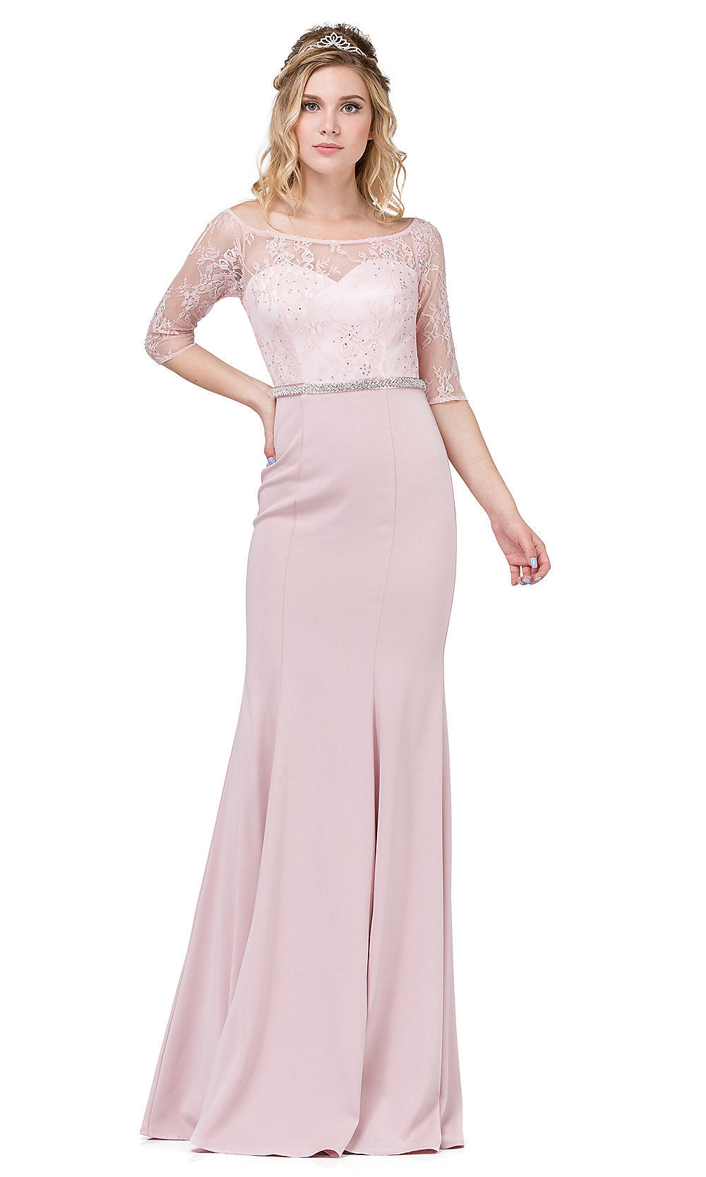 Three-Quarter-Sleeve Lace-Bodice Long Prom Dress Dusty Pink / XSmall Three-Quarter-Sleeve Lace-Bodice Long Prom Dress Dusty Pink / XSmall